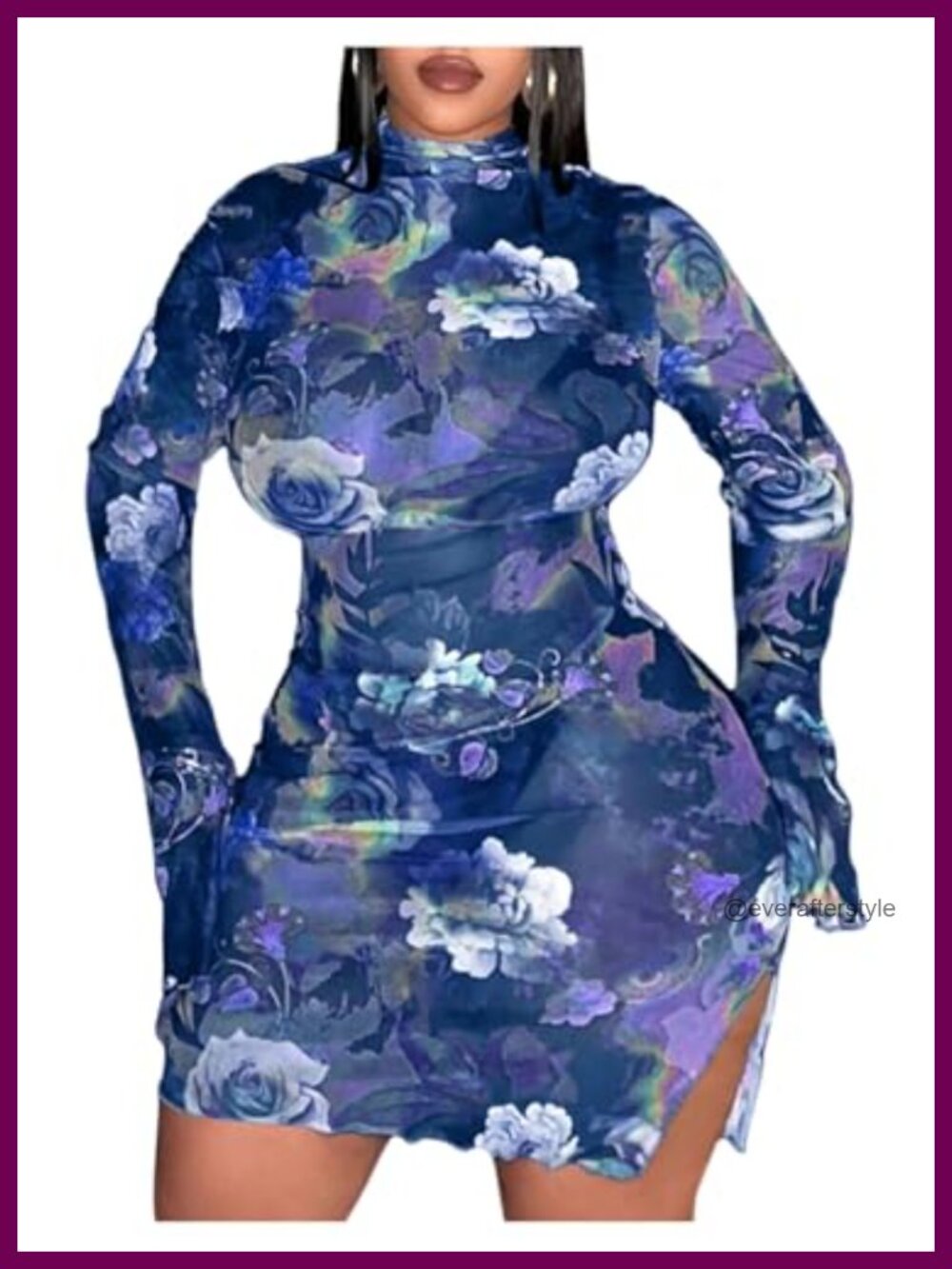 Plus Size Floral Mesh Bodycon Mini Dress Long Bell Sleeve